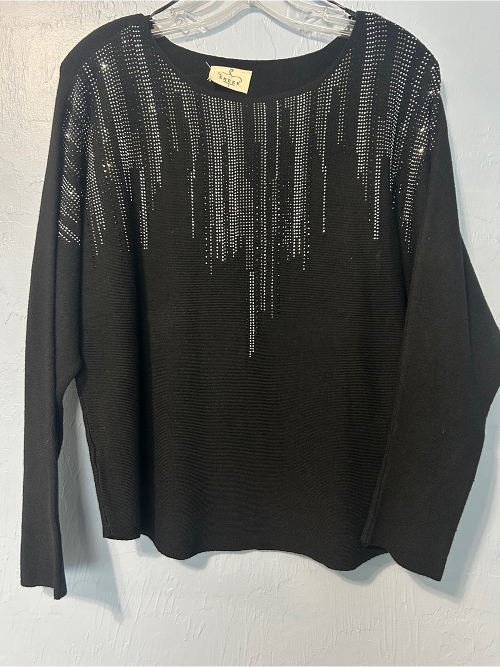 Jet Black Sweater w/Rhinestones, like new! Size Large